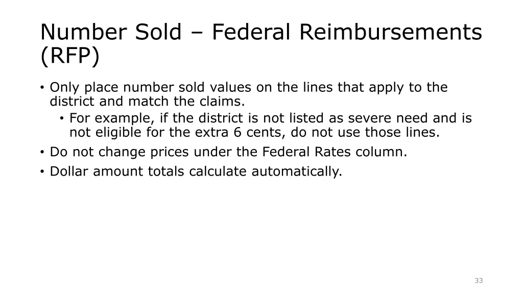 number sold federal reimbursements rfp