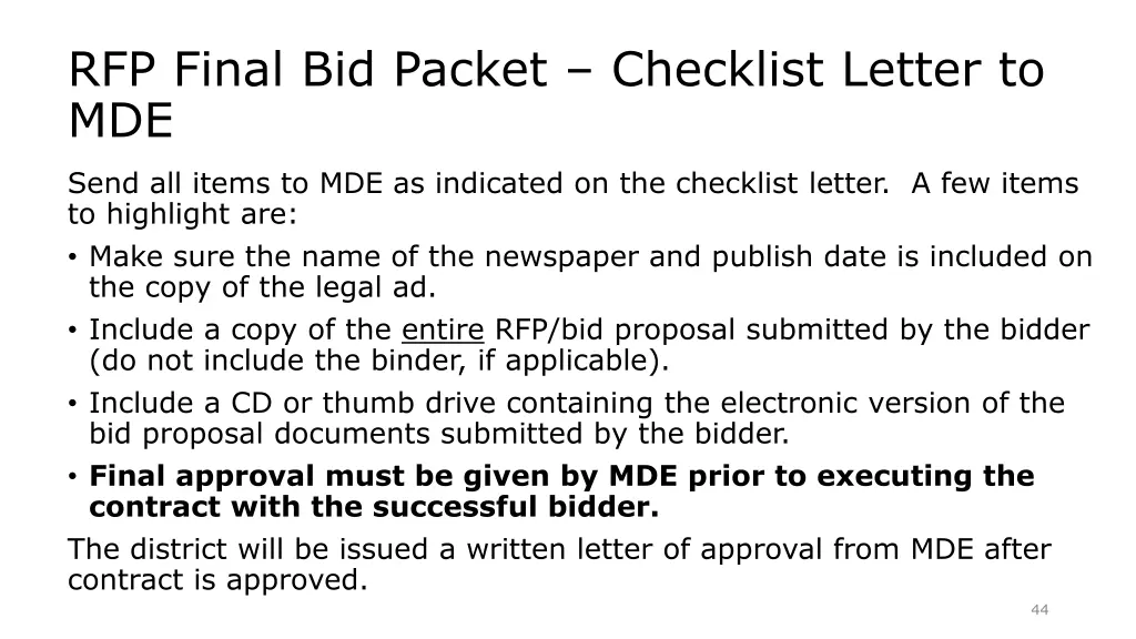 rfp final bid packet checklist letter to mde