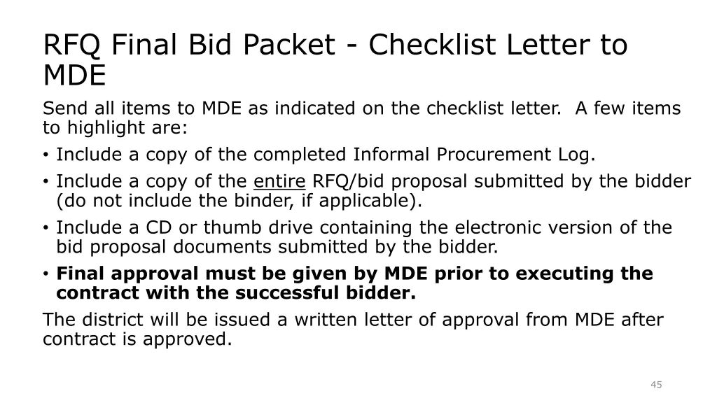 rfq final bid packet checklist letter to mde send