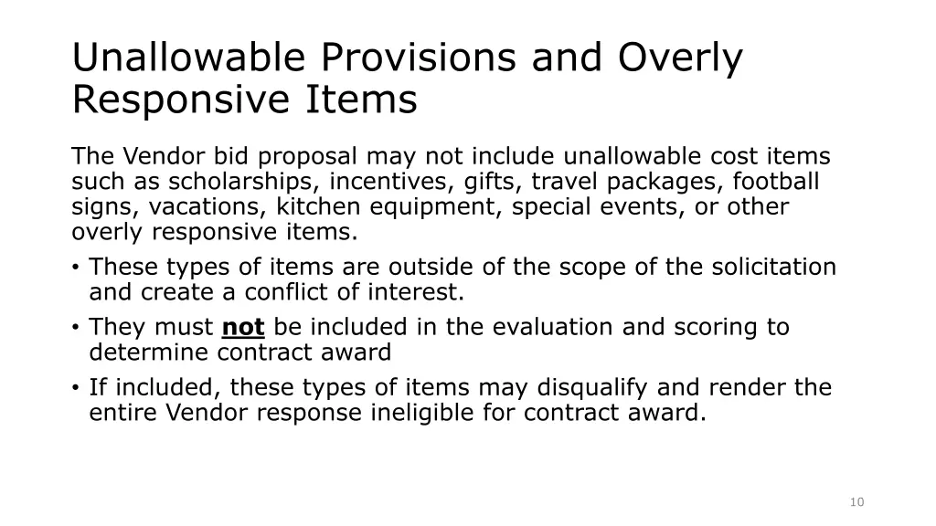 unallowable provisions and overly responsive items