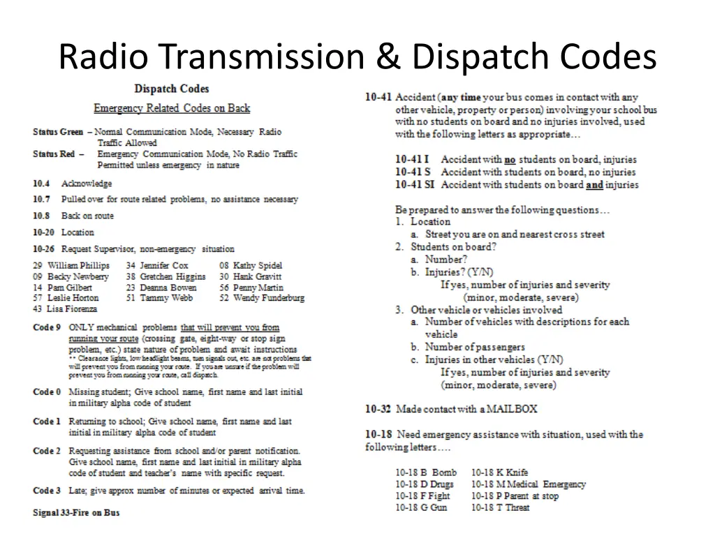 radio transmission dispatch codes