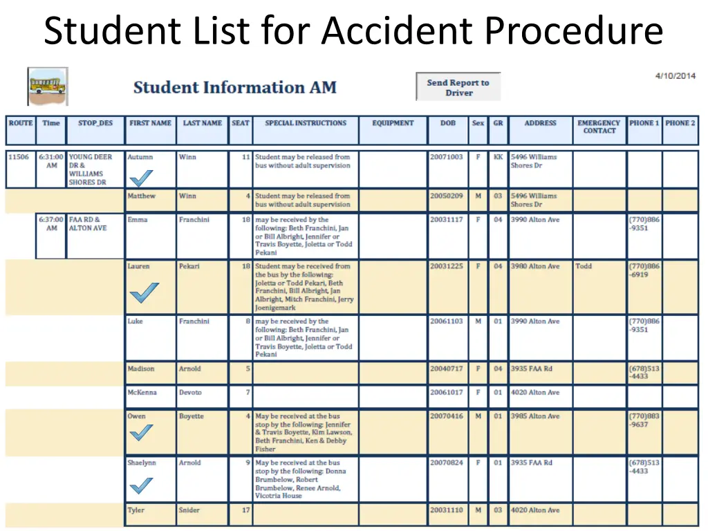 student list for accident procedure