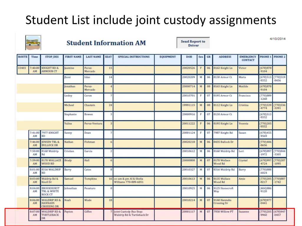 student list include joint custody assignments