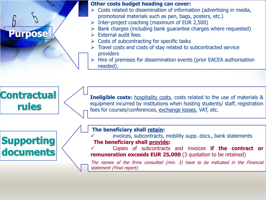 other costs budget heading can cover costs