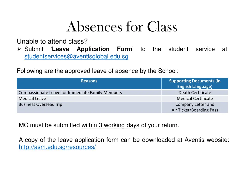 absences for class unable to attend class submit