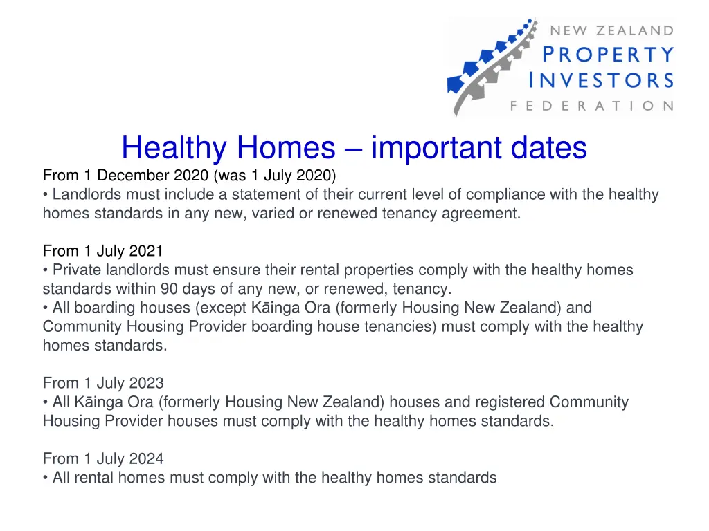 healthy homes important dates from 1 december