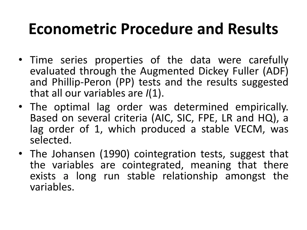 econometric procedure and results