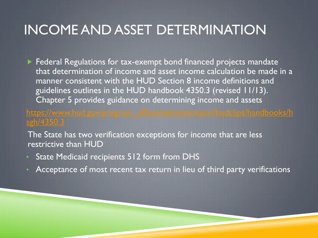 income and asset determination