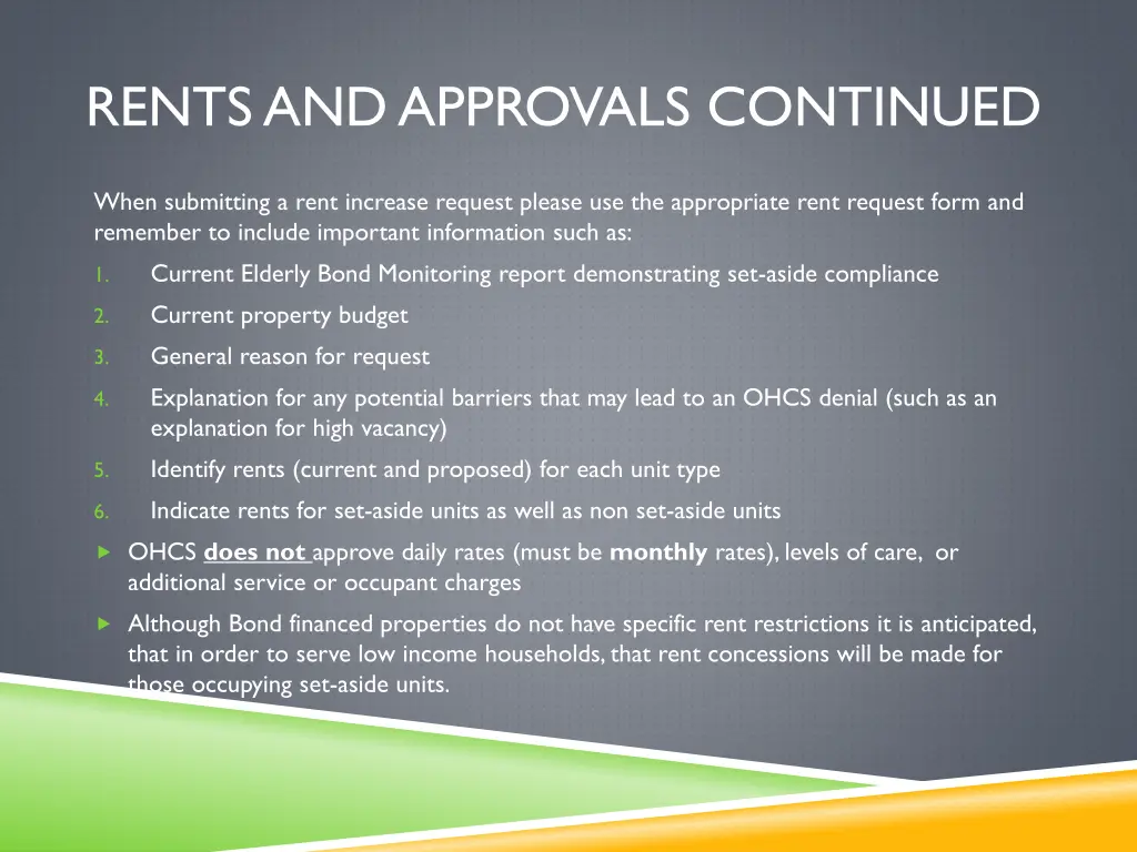 rents and approvals continued