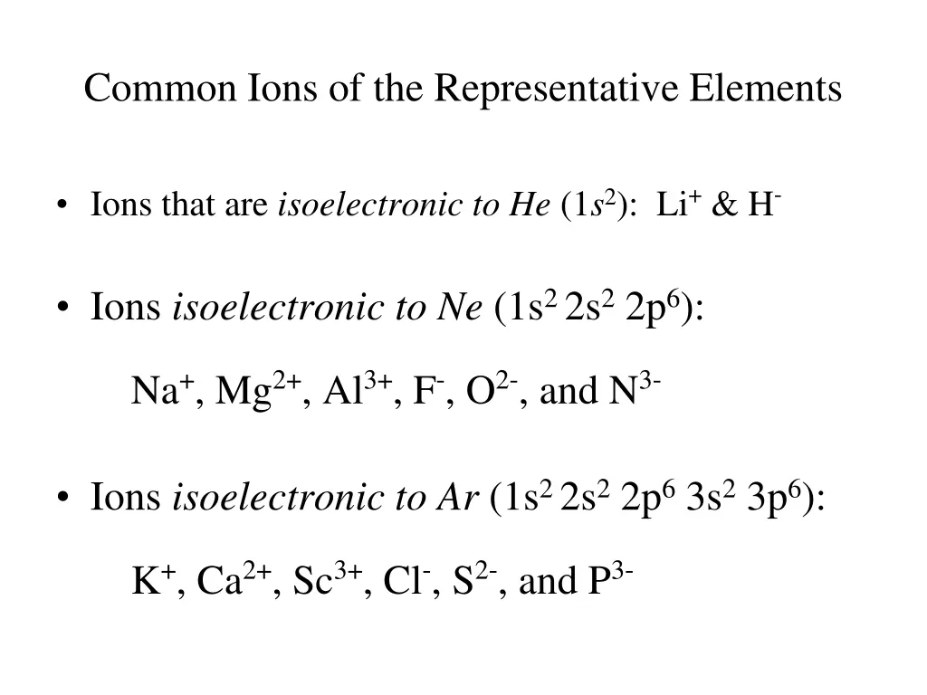 common ions of the representative elements