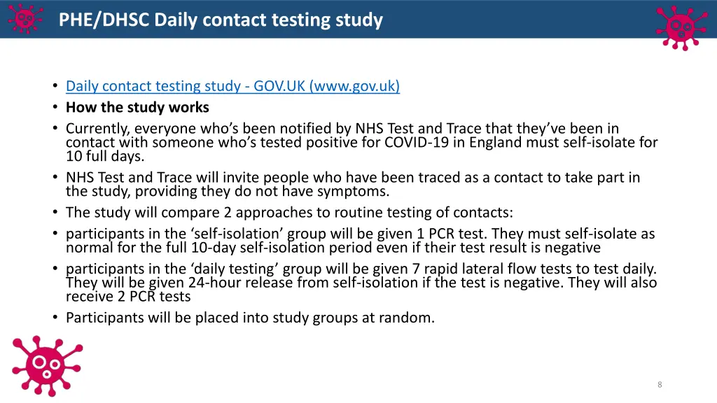 phe dhsc daily contact testing study