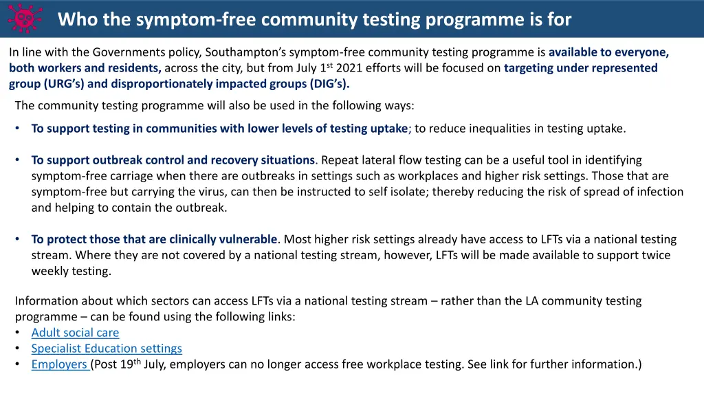 who the symptom free community testing programme