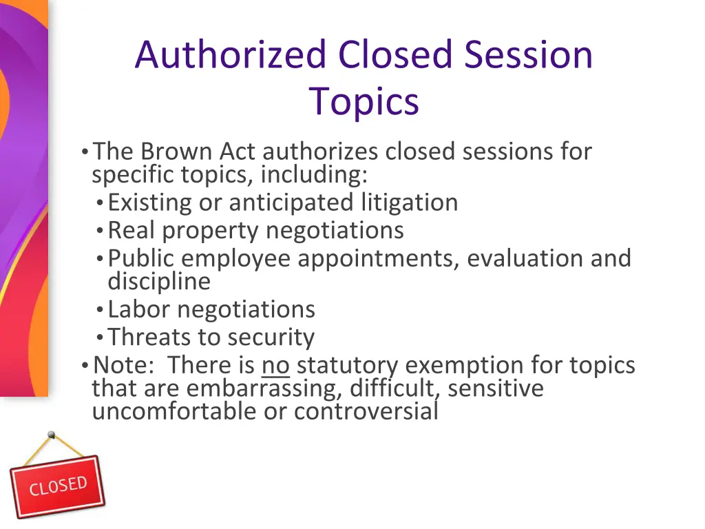 authorized closed session topics