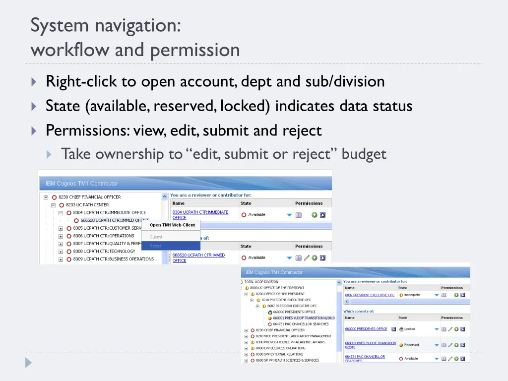 system navigation workflow and permission