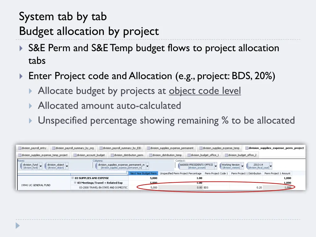 system tab by tab budget allocation by project