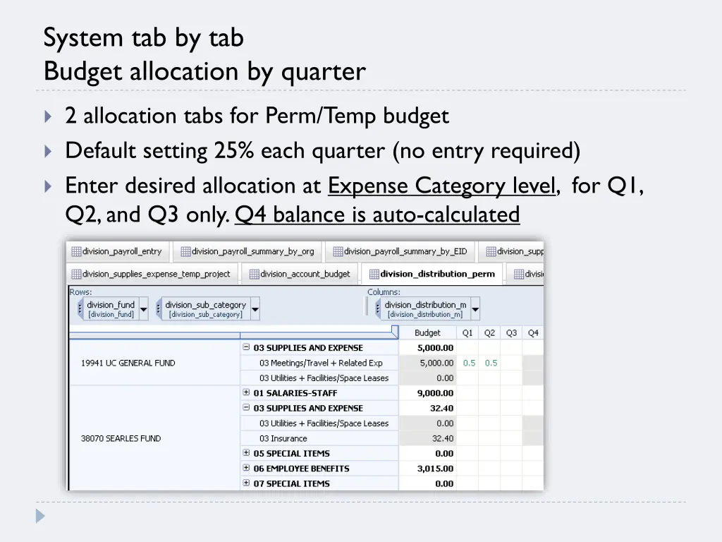 system tab by tab budget allocation by quarter