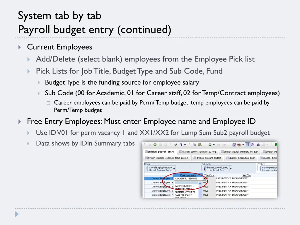 system tab by tab payroll budget entry continued