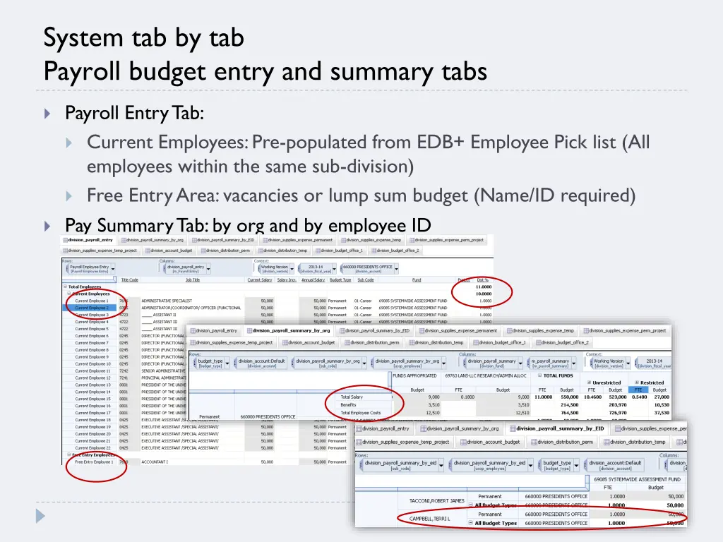 system tab by tab payroll budget entry