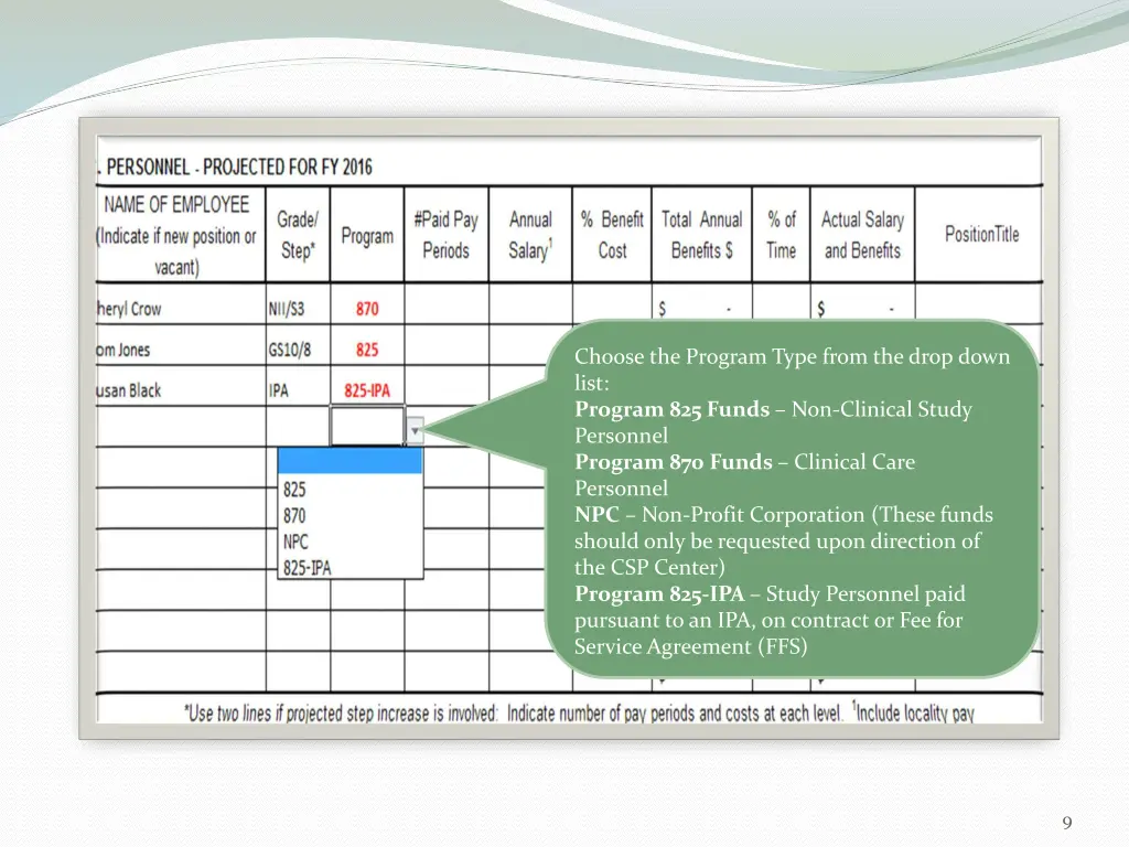 choose the program type from the drop down list