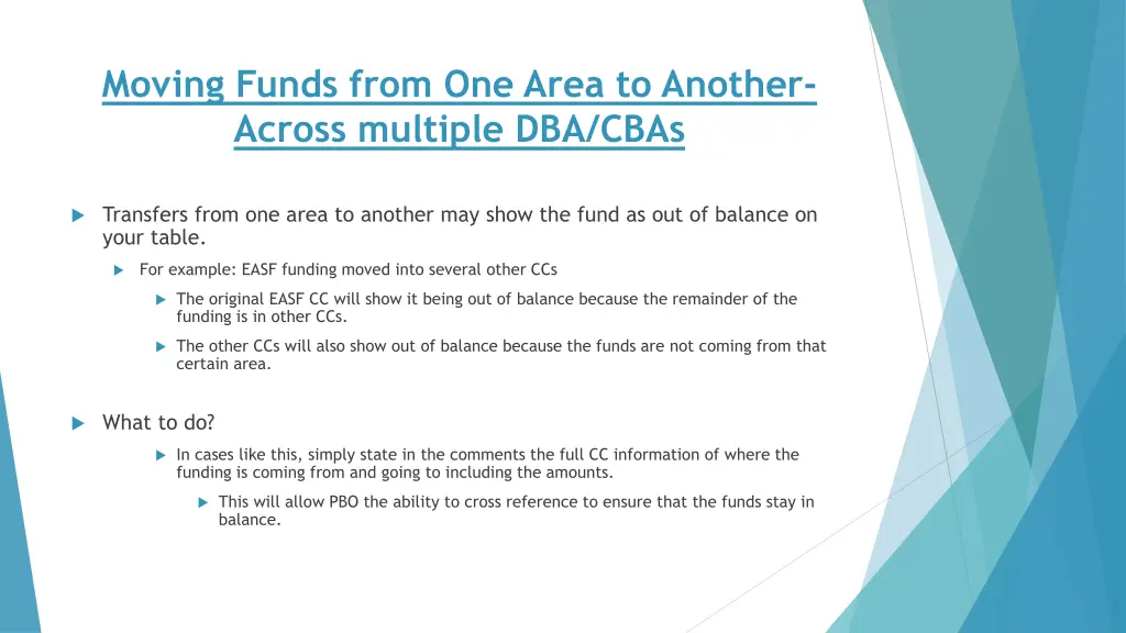 moving funds from one area to another across