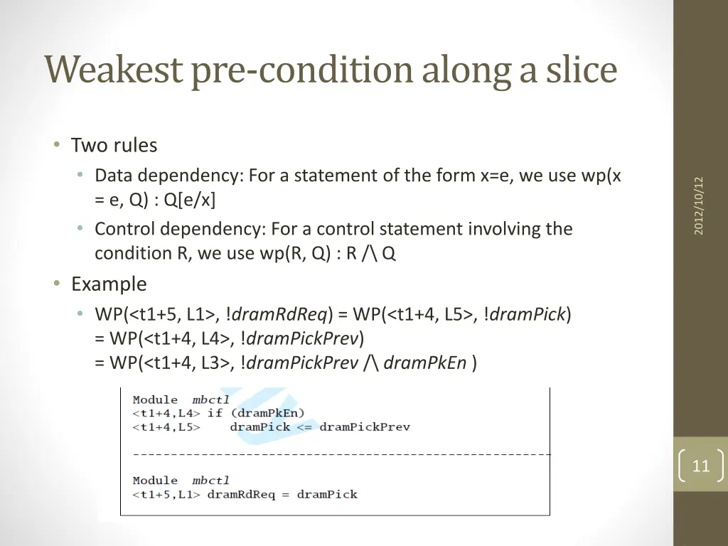 weakest pre condition along a slice