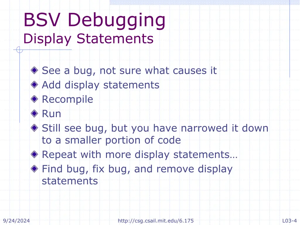 bsv debugging display statements