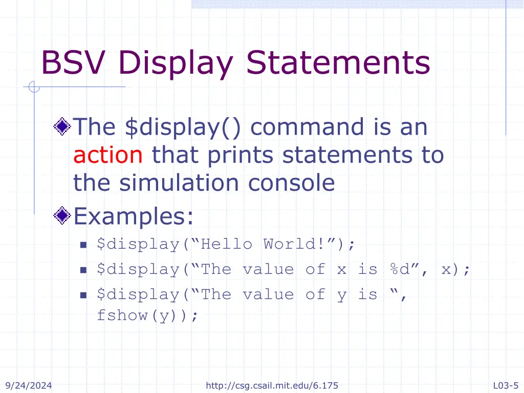 bsv display statements