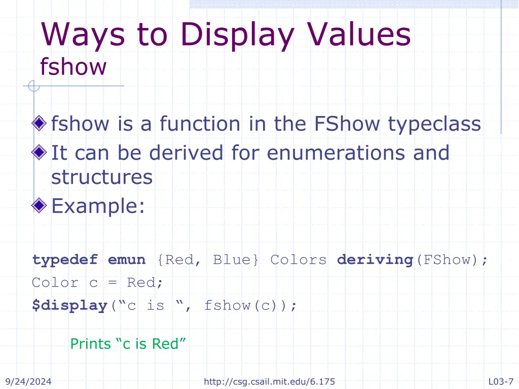 ways to display values fshow