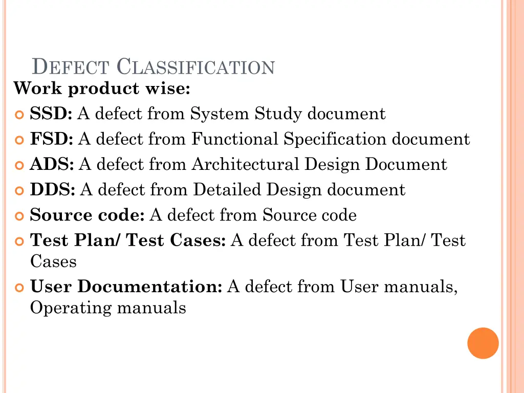 d efect c lassification work product wise