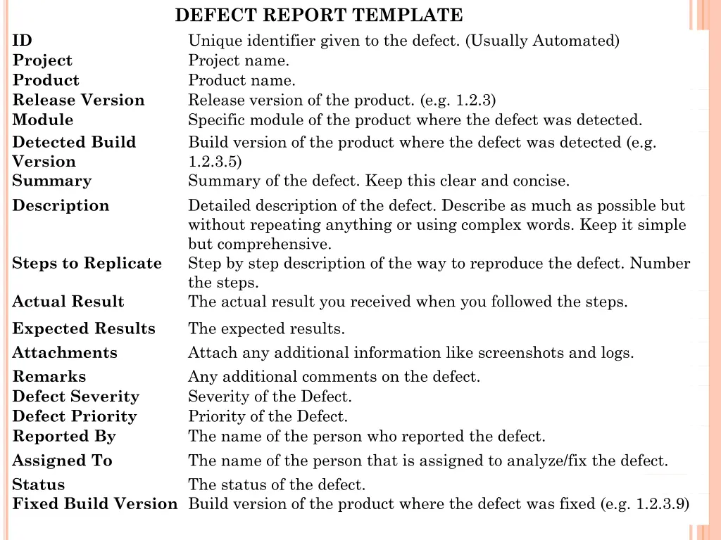 defect report template