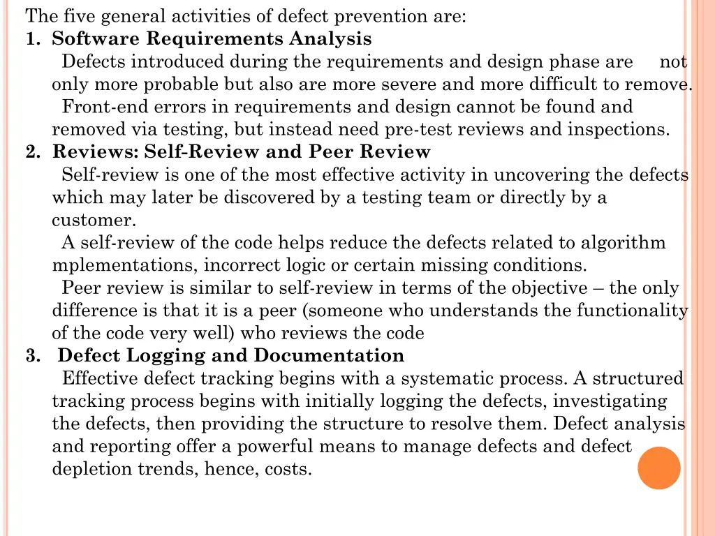 the five general activities of defect prevention