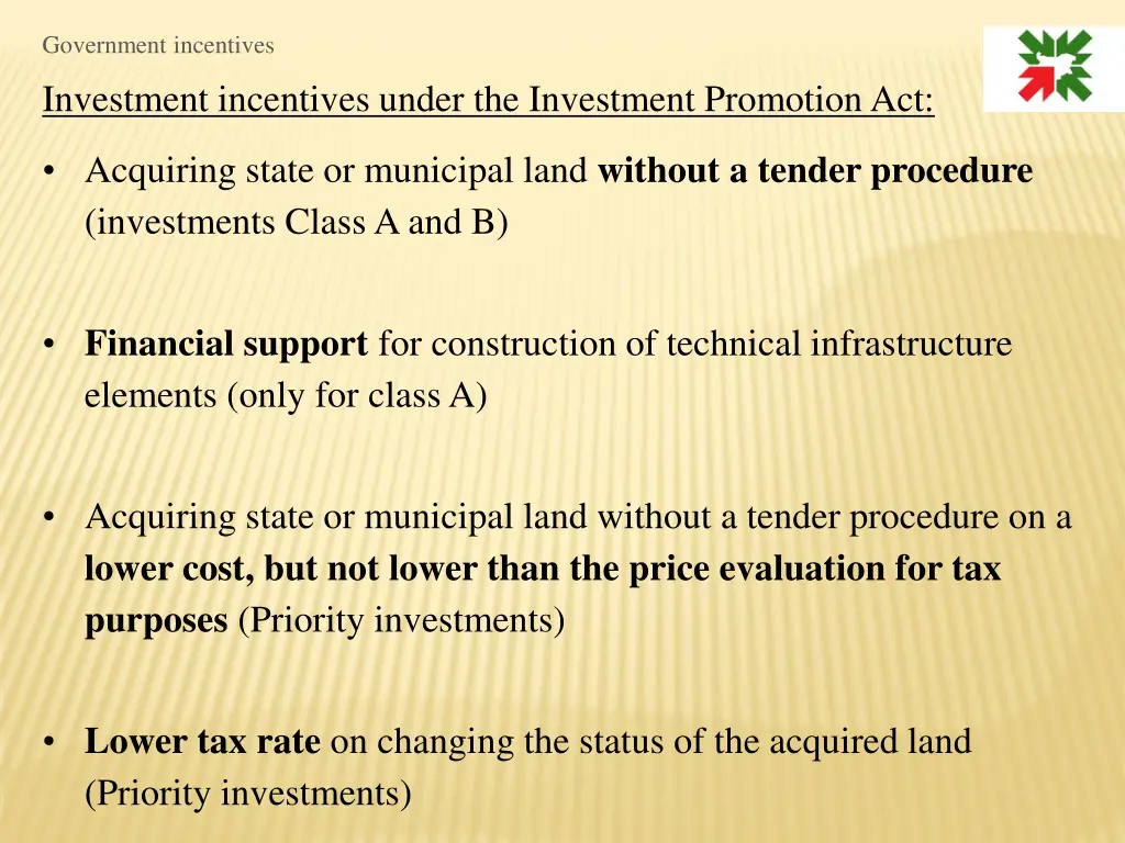 government incentives investment incentives under