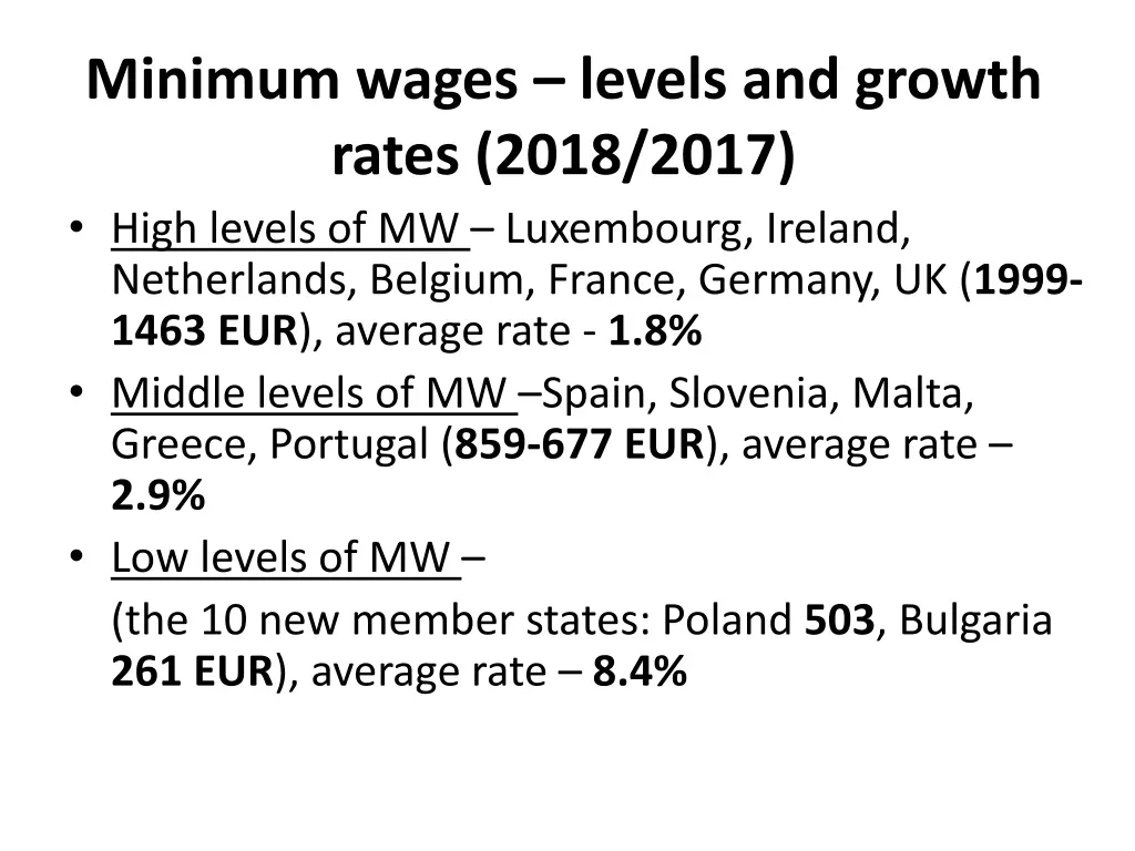 minimum wages levels and growth rates 2018 2017