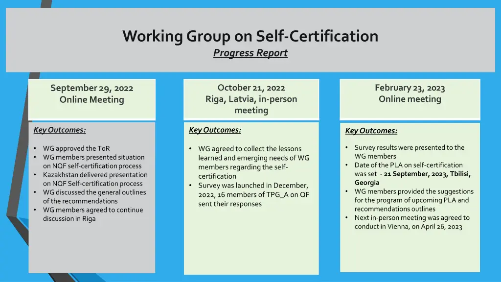 working group on self certification progress