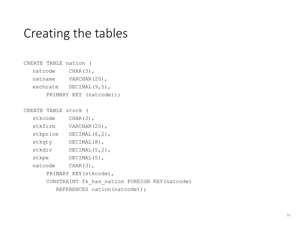 creating the tables