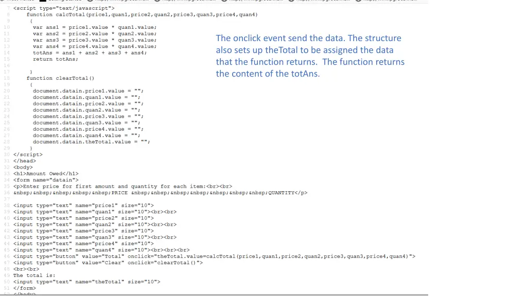 the onclick event send the data the structure