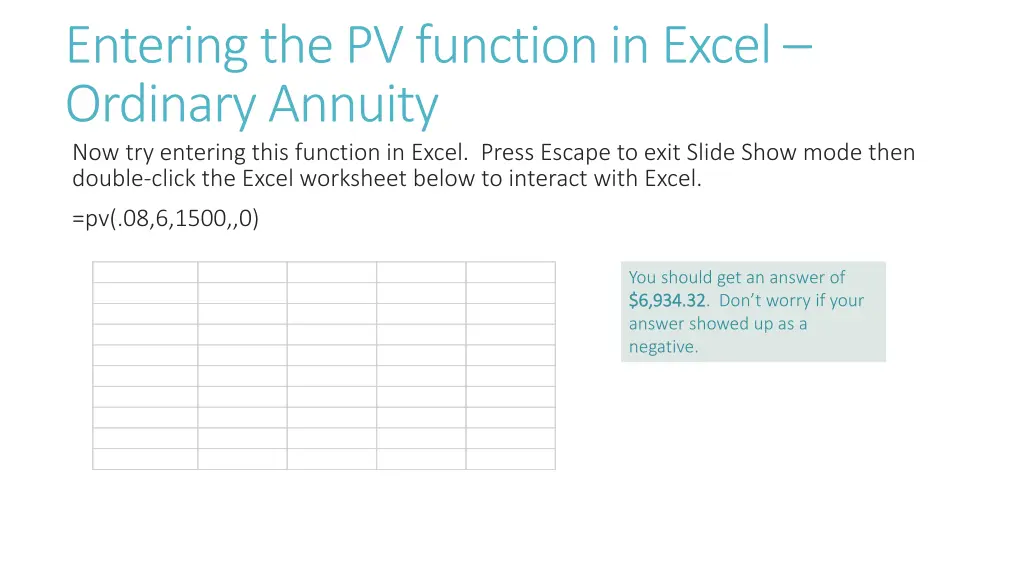 entering the pv function in excel ordinary