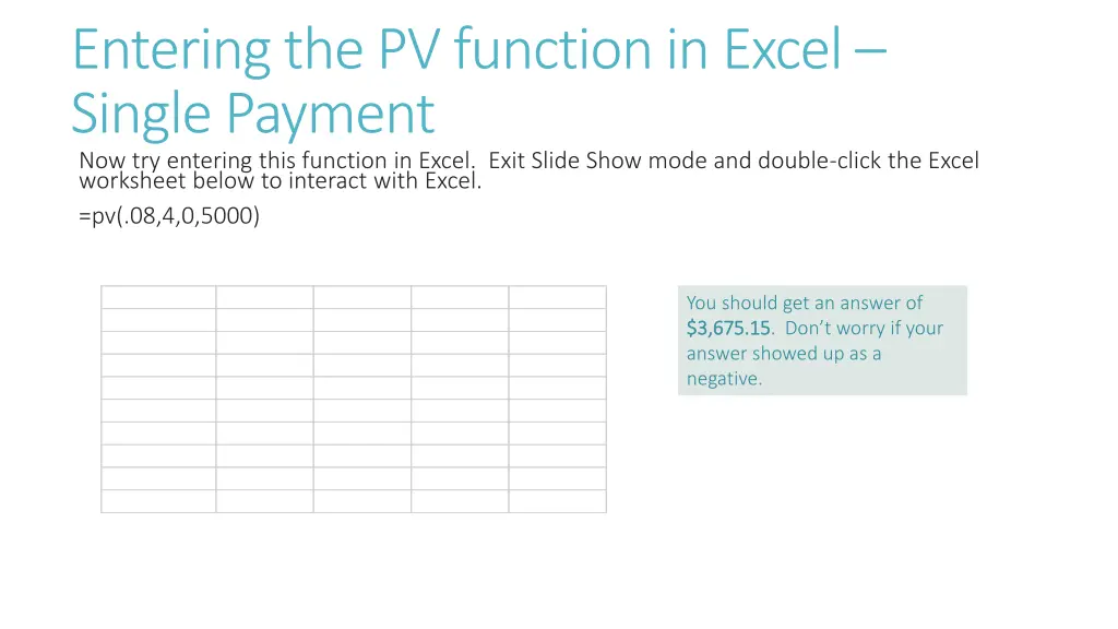 entering the pv function in excel single payment