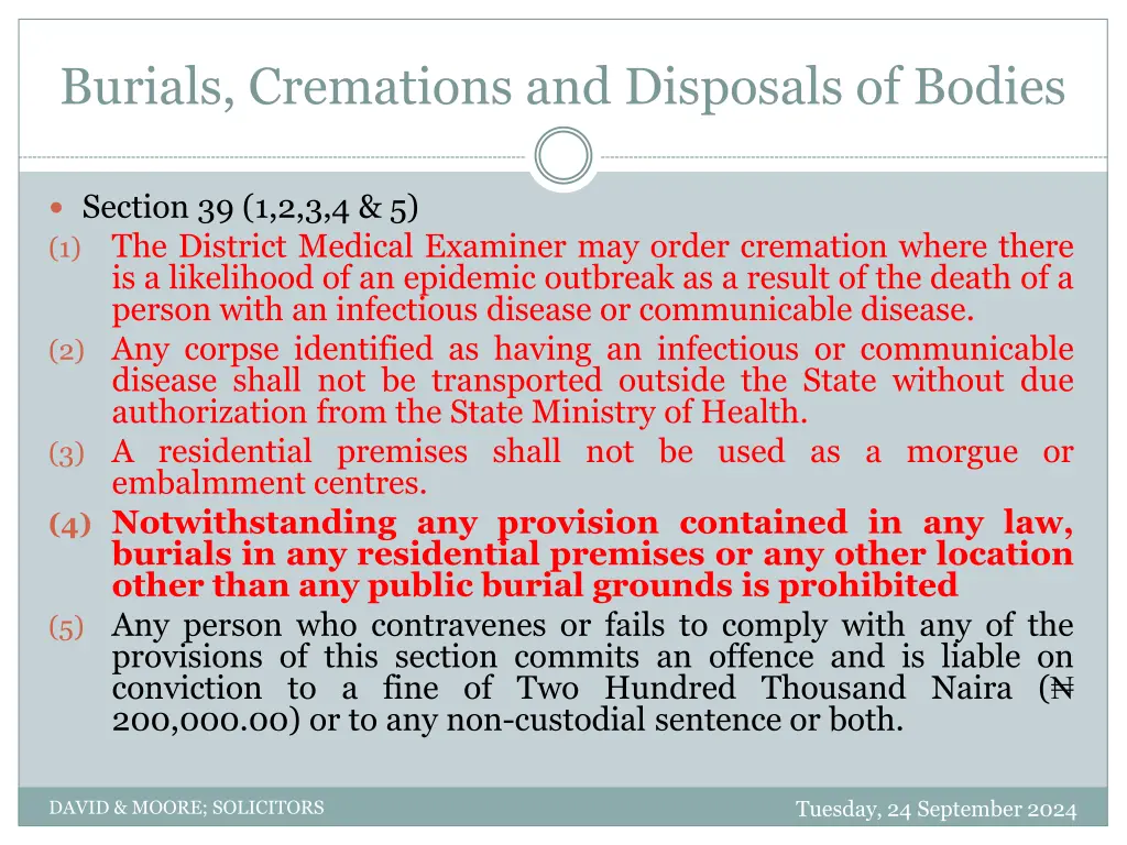 burials cremations and disposals of bodies