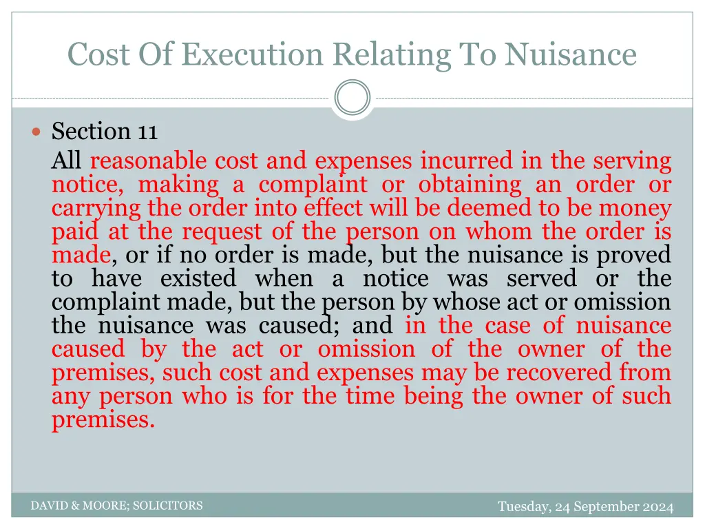 cost of execution relating to nuisance