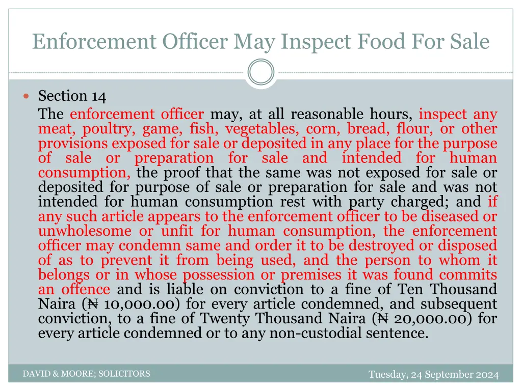 enforcement officer may inspect food for sale