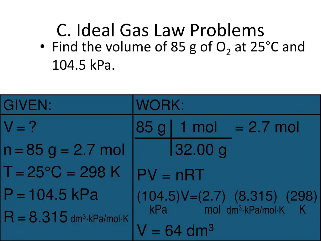 c ideal gas law problems find the volume