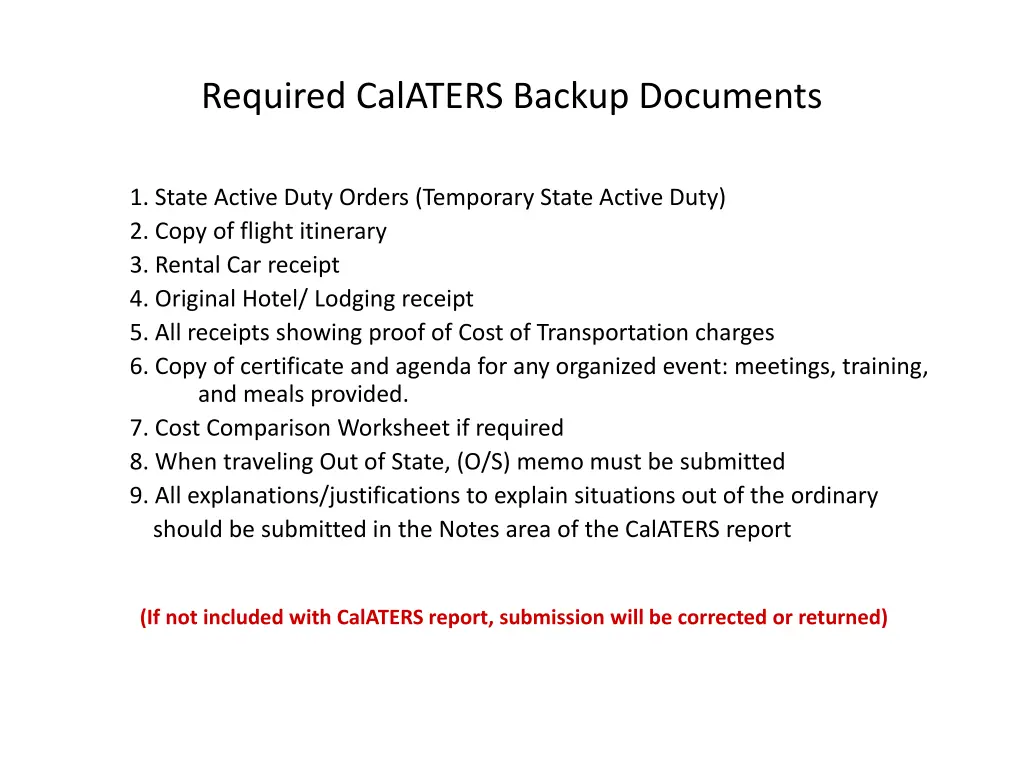 required calaters backup documents