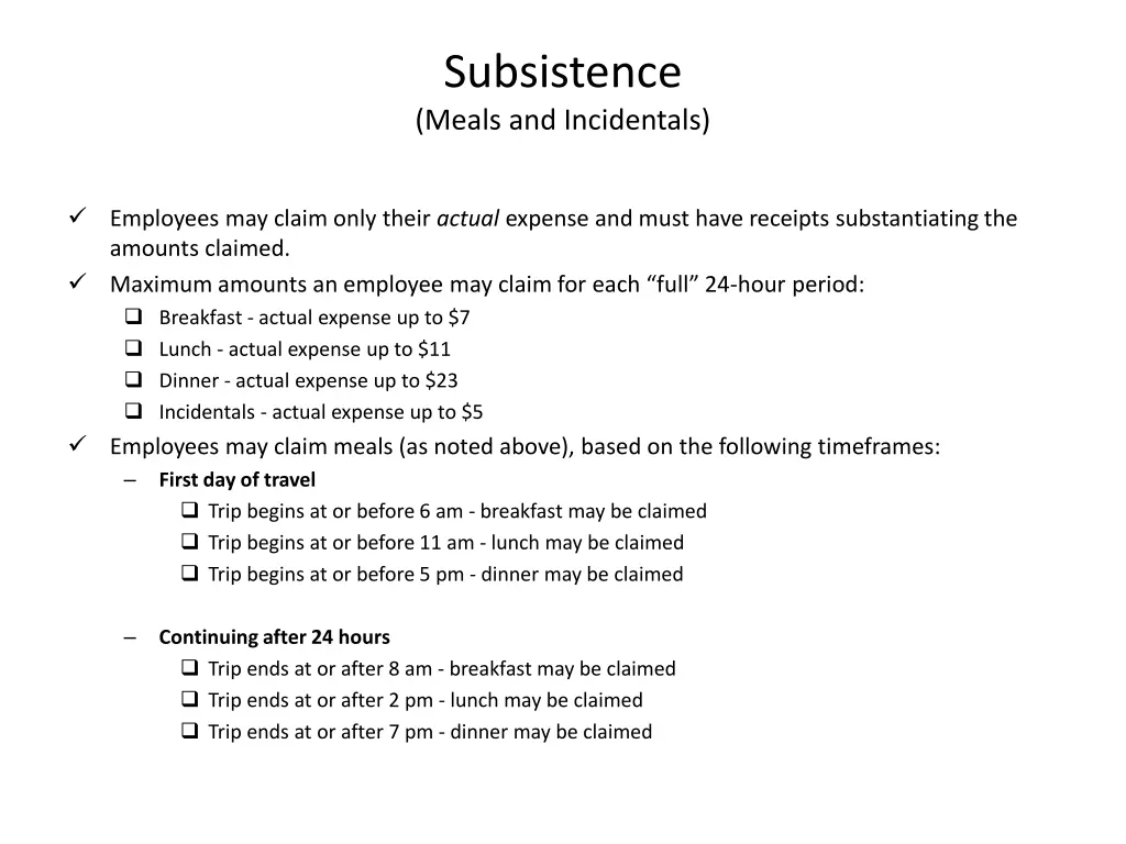 subsistence meals and incidentals