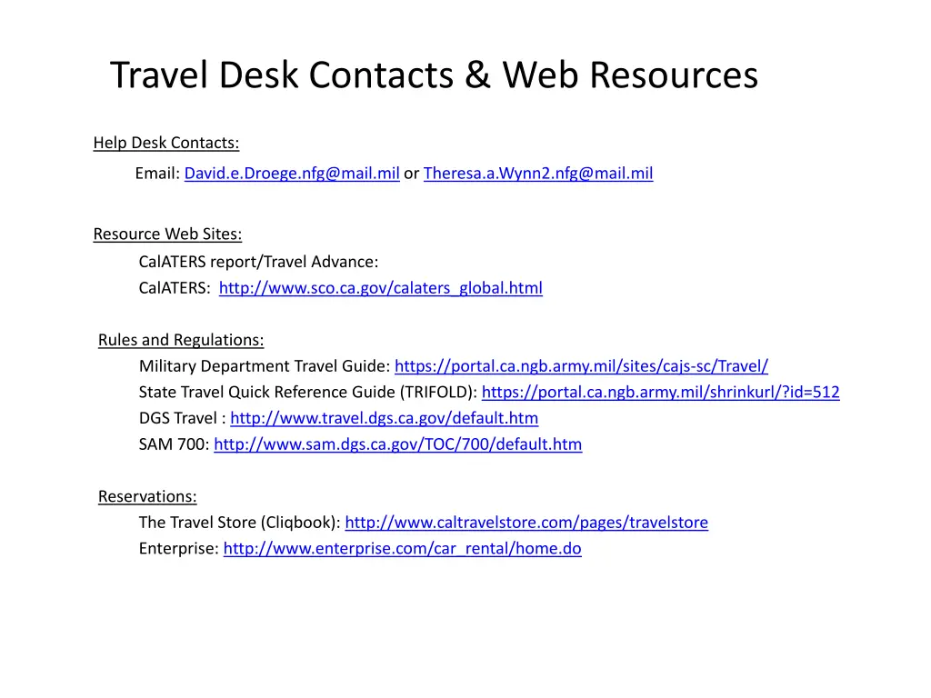 travel desk contacts web resources