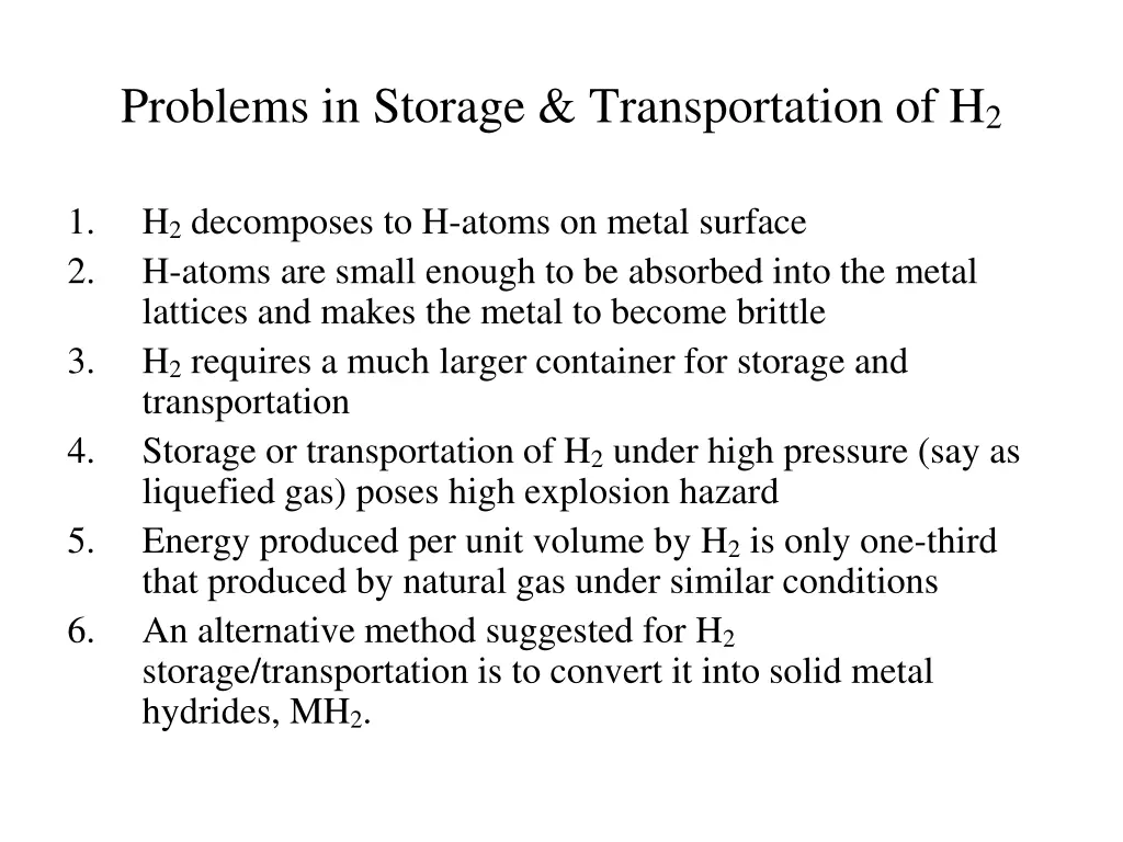 problems in storage transportation of h 2