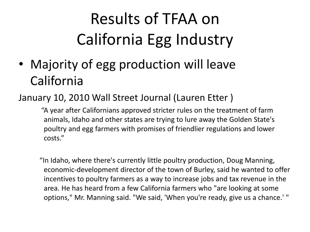 results of tfaa on california egg industry