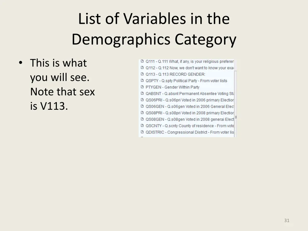 list of variables in the demographics category