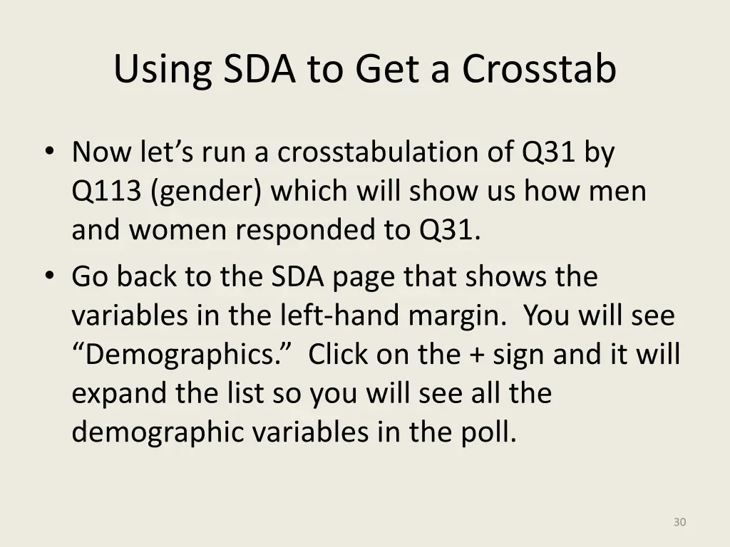 using sda to get a crosstab