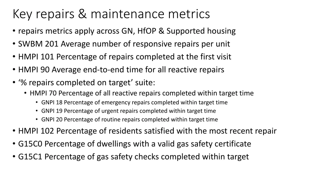 key repairs maintenance metrics repairs metrics